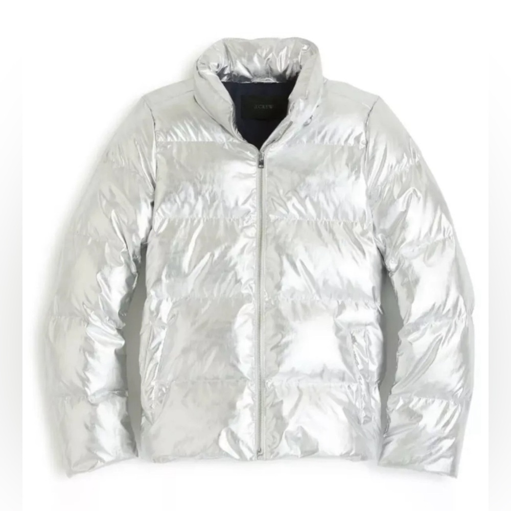 J.CREW Primaloft Insulation LUXE Metallic Puffer Zip Jacket Silver Sz XS